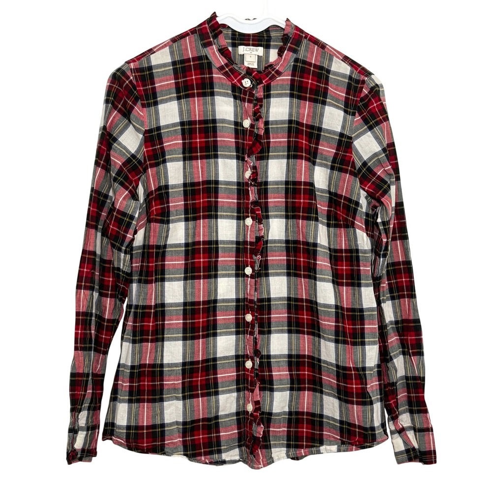 J.Crew Plaid Ruffle Trim Button Down Shirt Red White Women Small H3751 Preppy